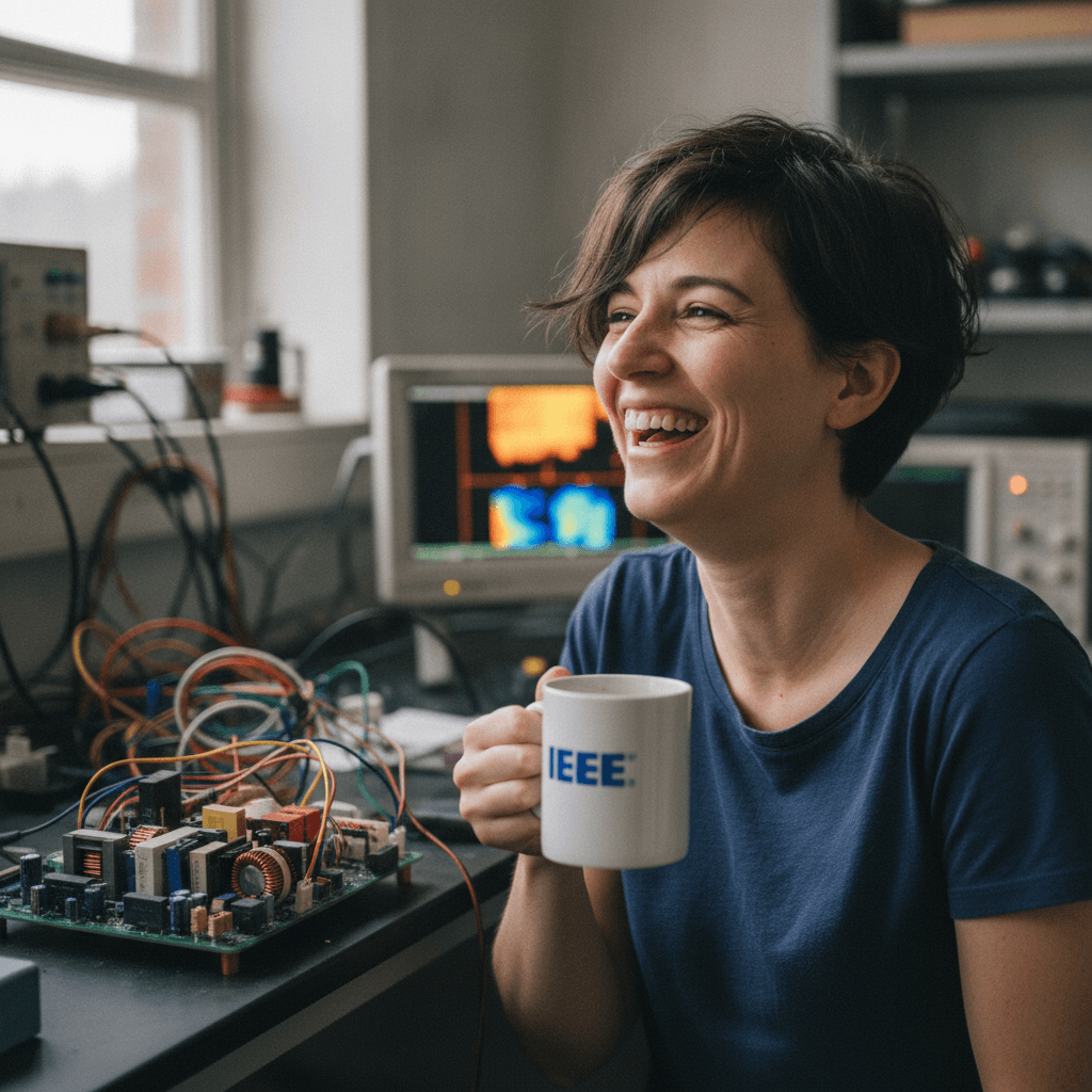 Elena Voss in a power-electronics lab