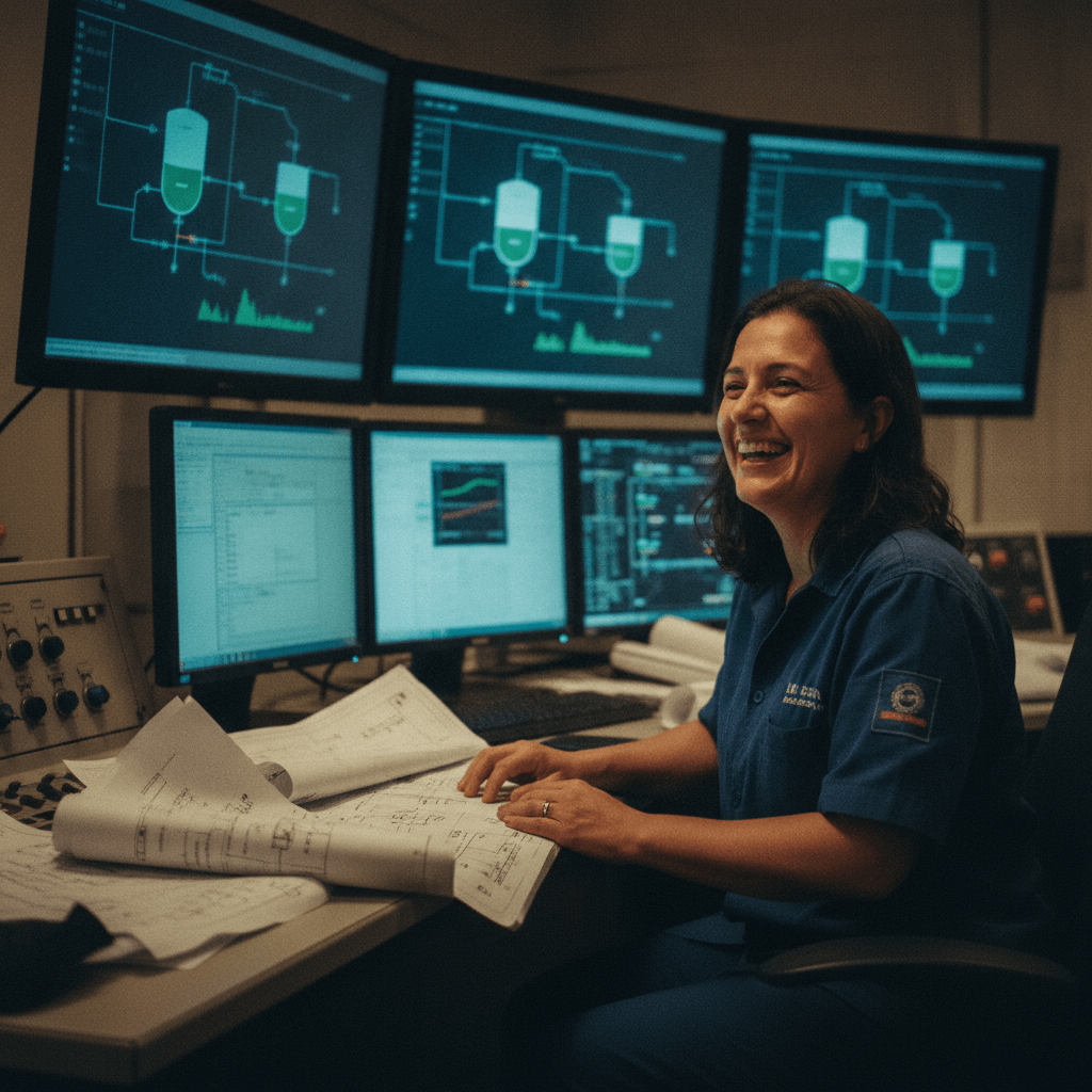 Sofia Mendes at a process-control SCADA desk