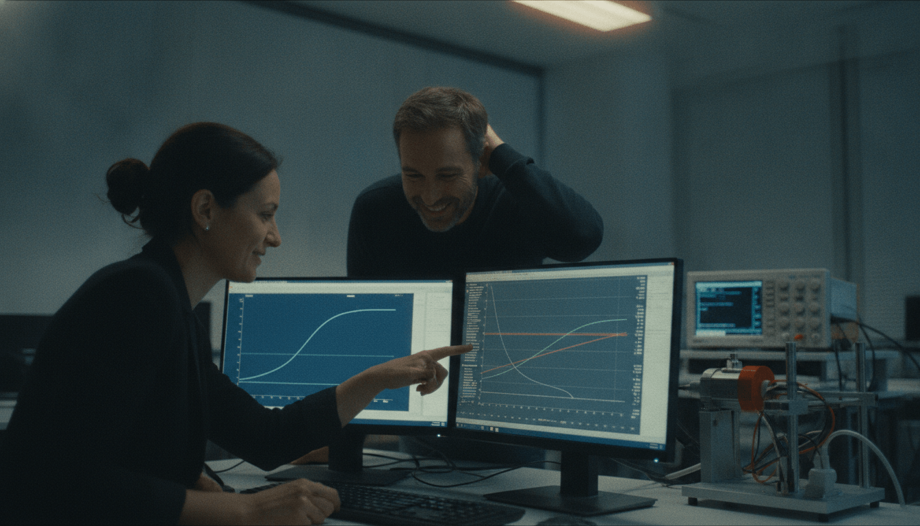 Two control engineers reviewing a step response and Bode plot in a lab at dusk